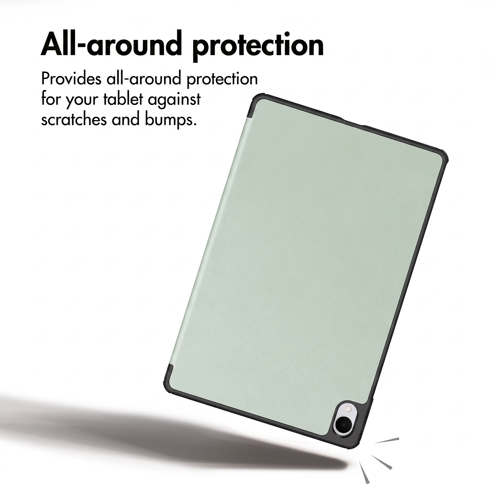 A light green tablet case with text reading All-around protection against scratches and bumps.