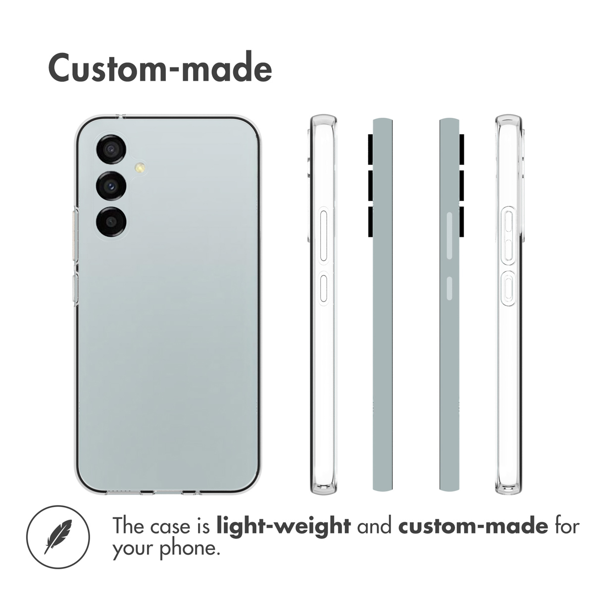 Plusieurs vues d'une coque de protection légère et sur mesure pour smartphone sur fond blanc.