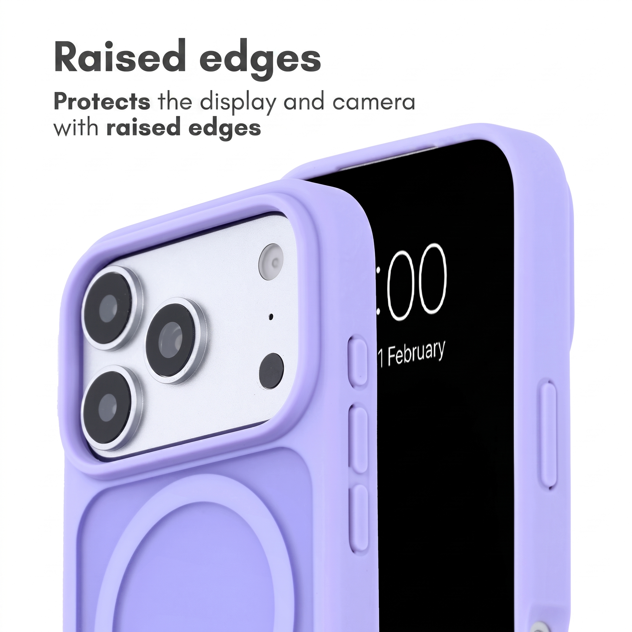 Una custodia per cellulare viola chiaro con bordi rialzati che proteggono fotocamera e schermo su sfondo bianco.