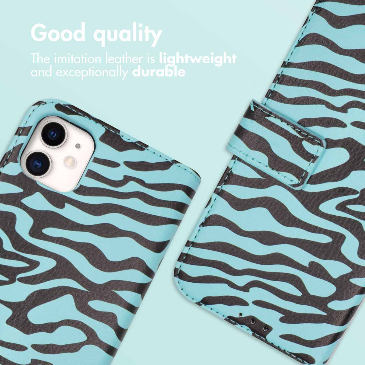 Coque de téléphone à motif zèbre bleu et noir sur fond vert menthe.