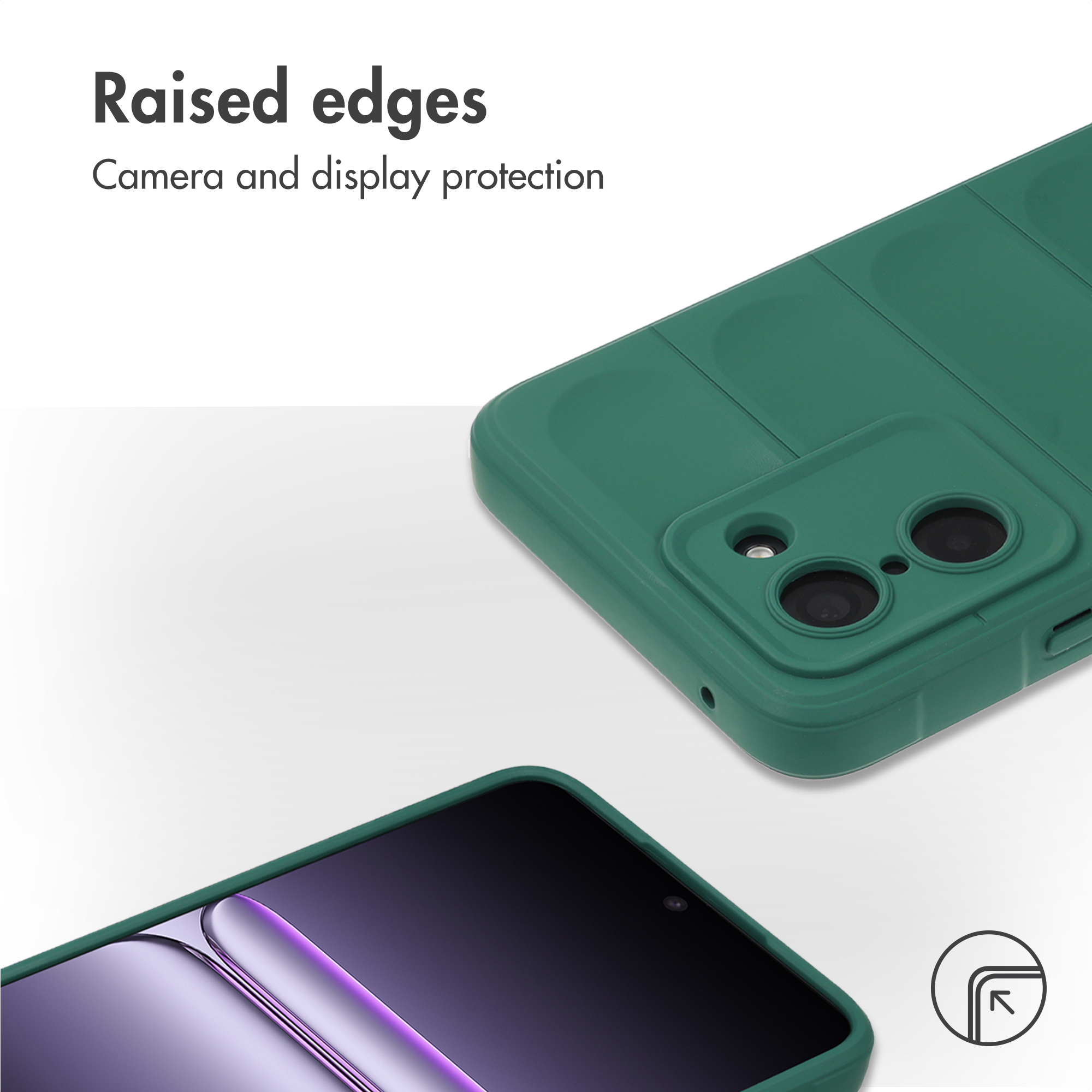 Een groen smartphonehoesje met opstaande randen ter bescherming van camera en scherm.