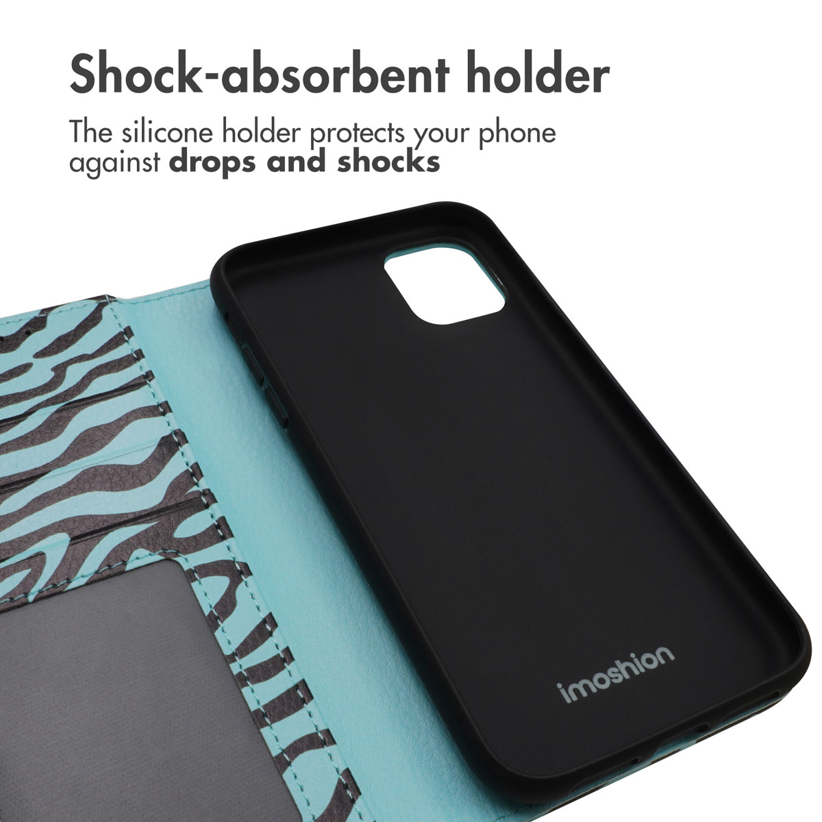 Étui de téléphone bleu motif zèbre avec support en silicone noir et texte en haut.