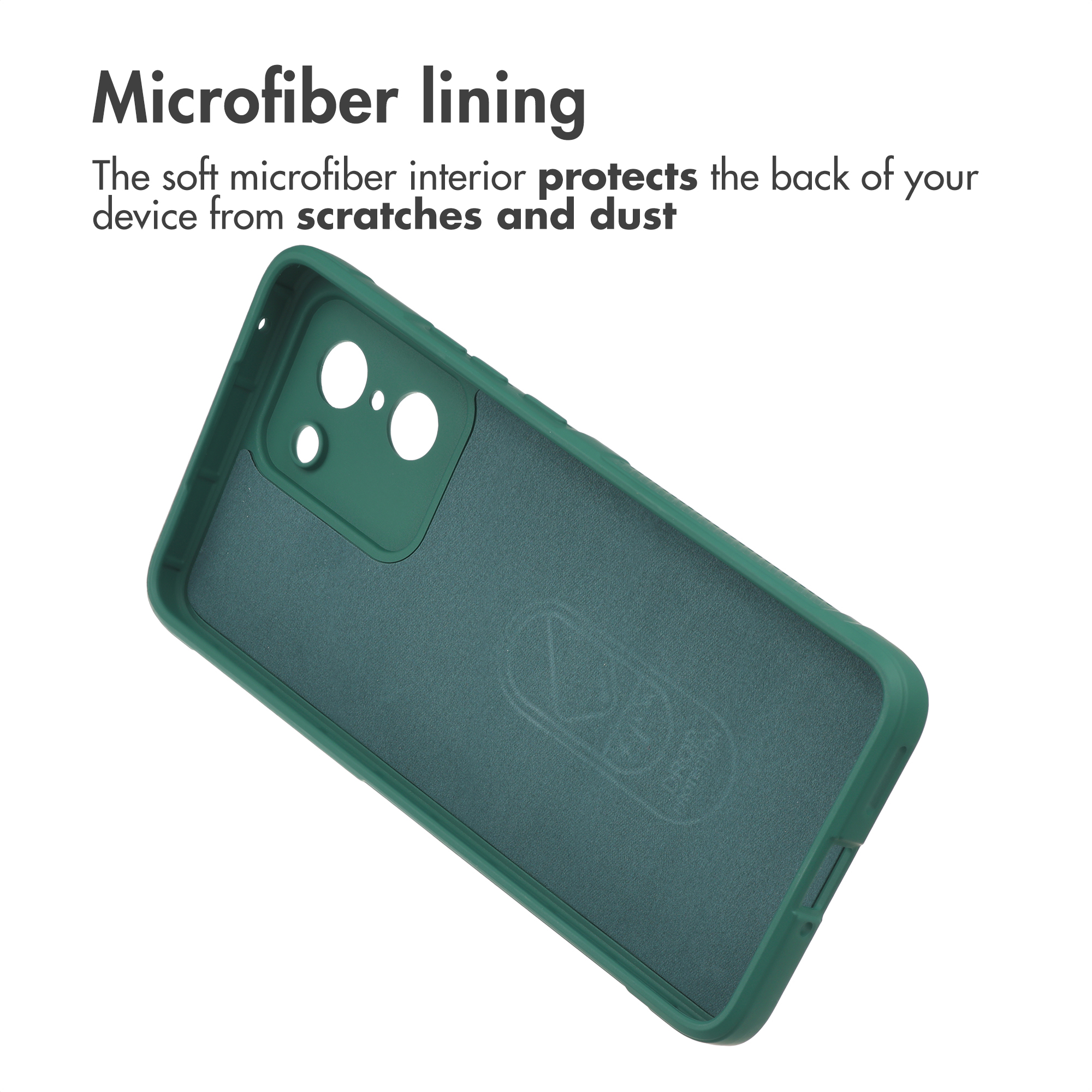 Groene telefoonhoes met zachte microvezel binnenzijde op witte achtergrond met tekst.