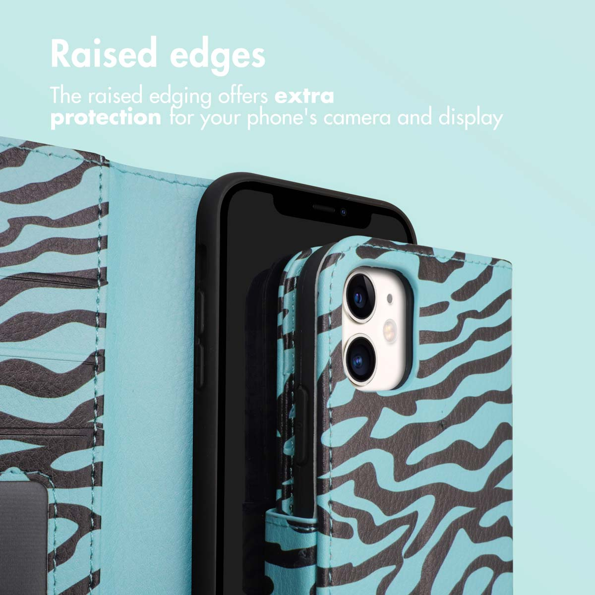 Coque bleue motif zèbre avec bords surélevés pour protéger l'appareil photo et l'écran.