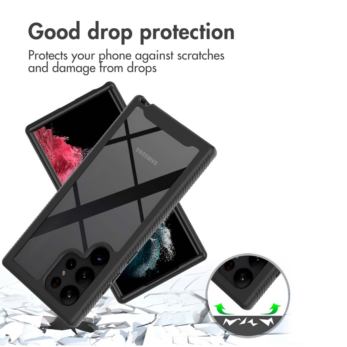 Une coque de téléphone noire robuste est présentée avec un texte de protection.