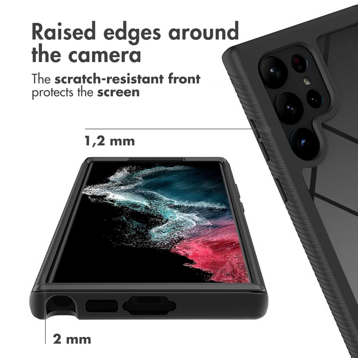 Smartphone dans une coque de protection avec dimensions pour bords surélevés et protection de caméra.