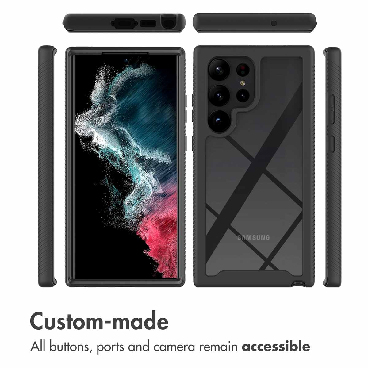 Vues sous plusieurs angles d'une coque de téléphone noire avec le texte 'Sur mesure'.