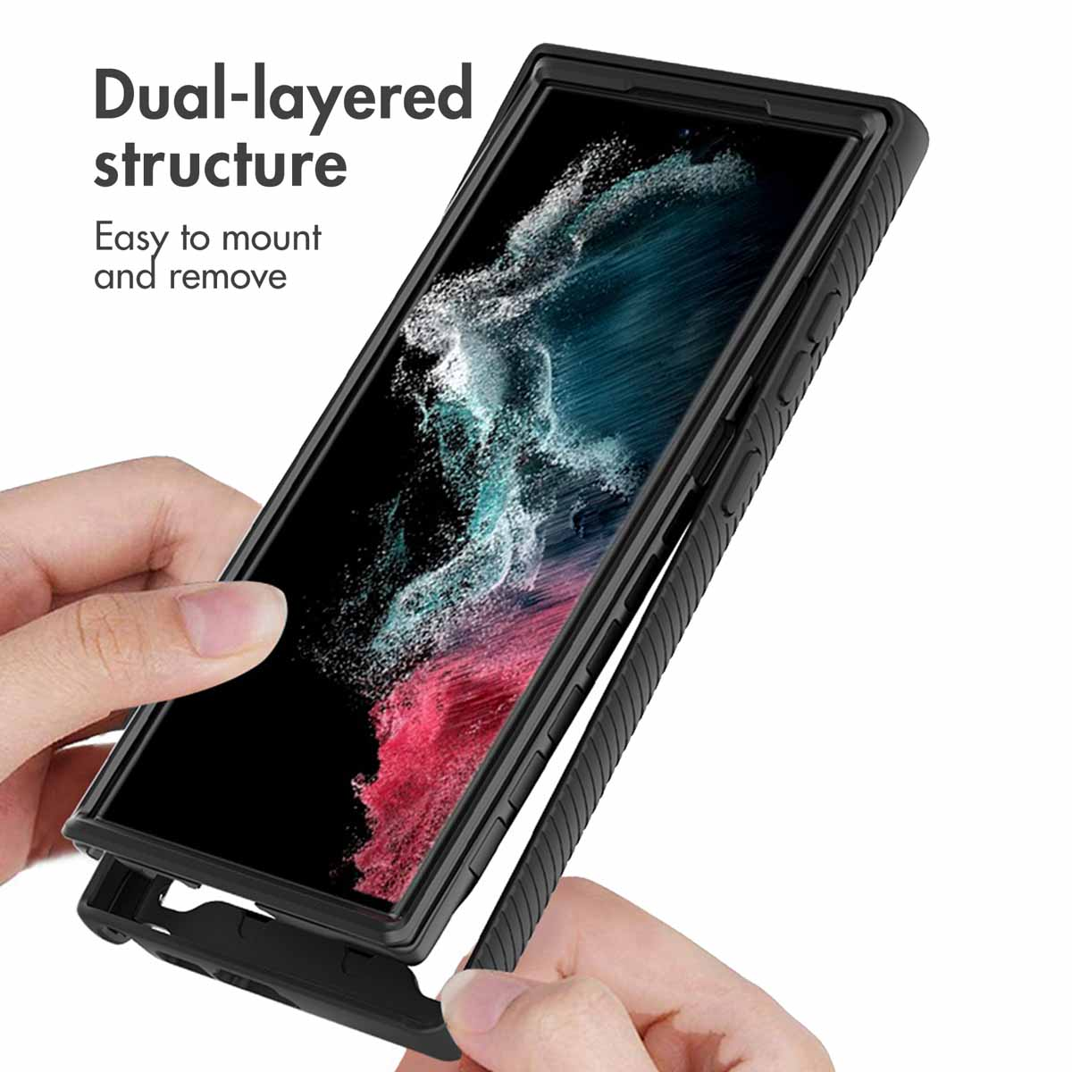 Une main tient un smartphone dans une coque noire, texte indique structure double couche.