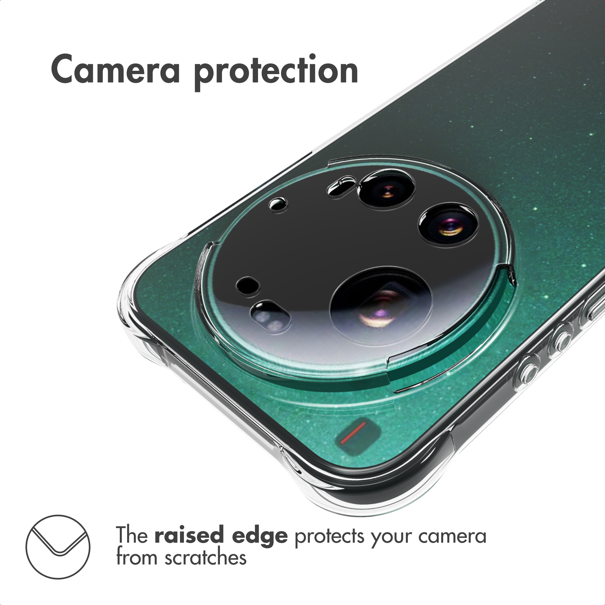Ein Smartphone in einer Klarsichthülle mit erhöhten Rändern zum Kameraschutz.