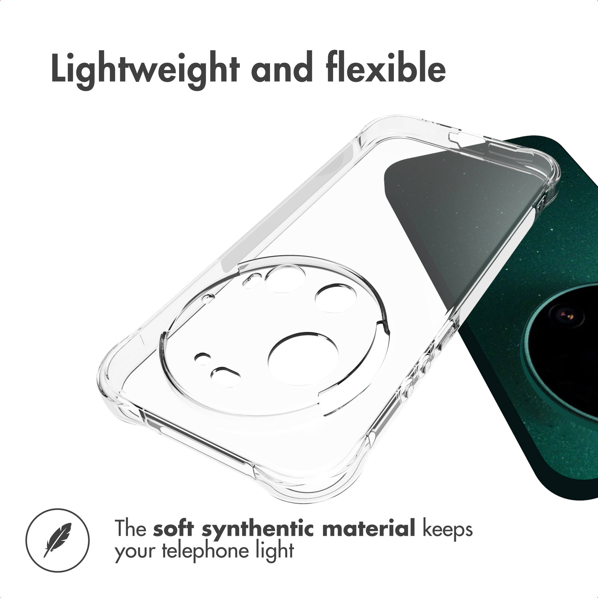 Transparente, flexible Handyhülle neben einem grünen Smartphone mit Text oben und unten.