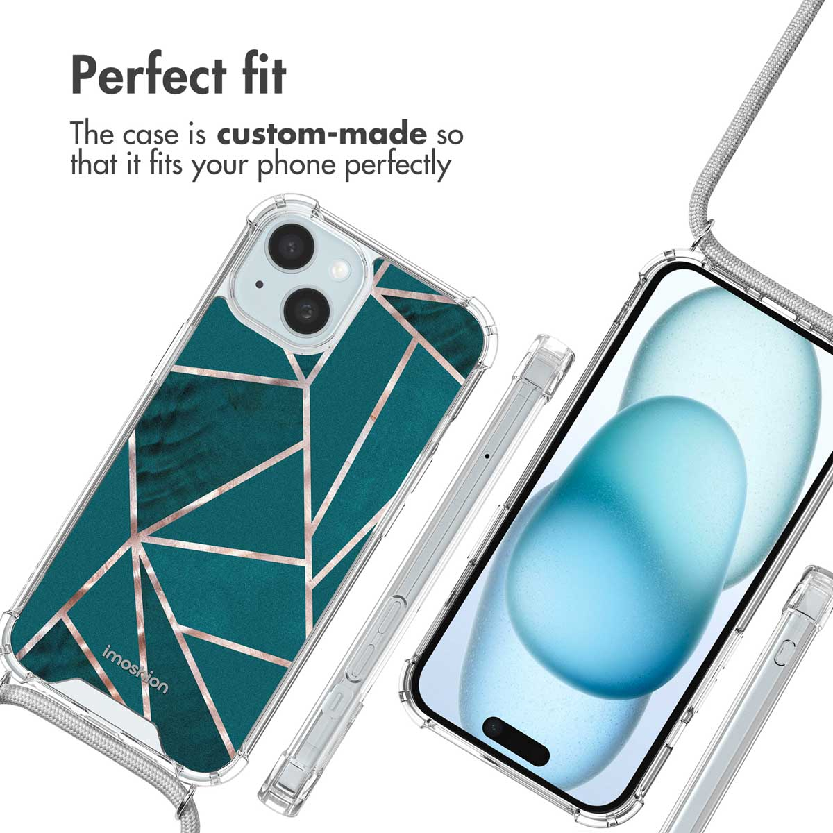 Coque de téléphone transparente avec motif marbre géométrique sarcelle et lanière.