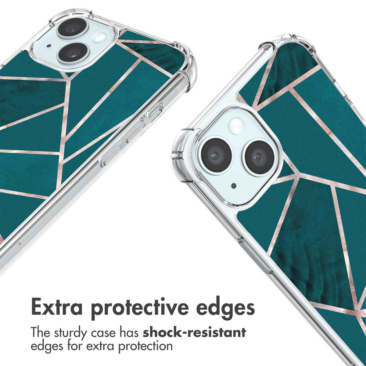 Deux coques transparentes avec un motif géométrique vert canard et or rose, découpes pour appareils photo et bords protecteurs.
