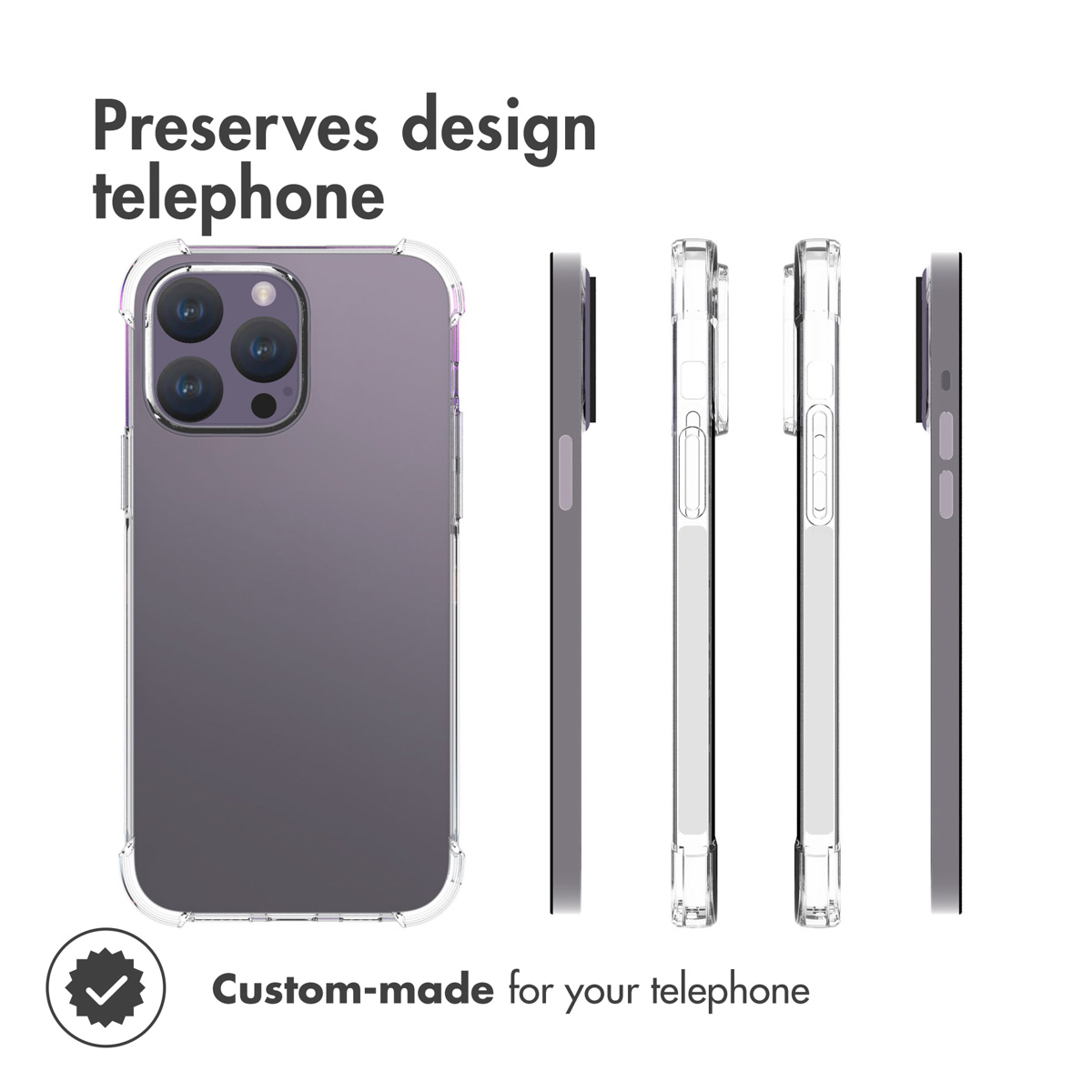 Custodia protettiva trasparente che mostra quattro diverse angolazioni di uno smartphone viola.