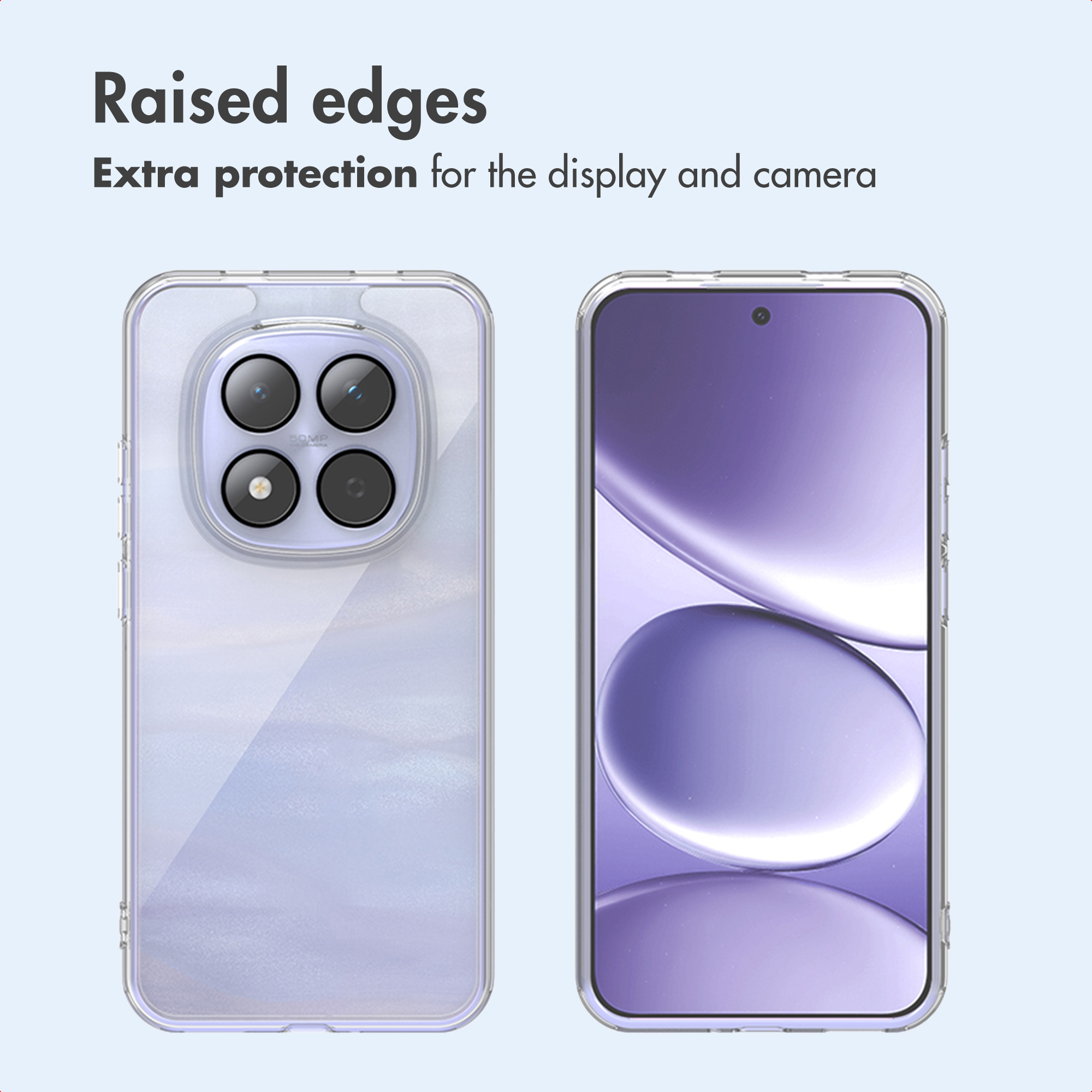 Smartphone en funda protectora transparente con bordes elevados para pantalla y cámara.