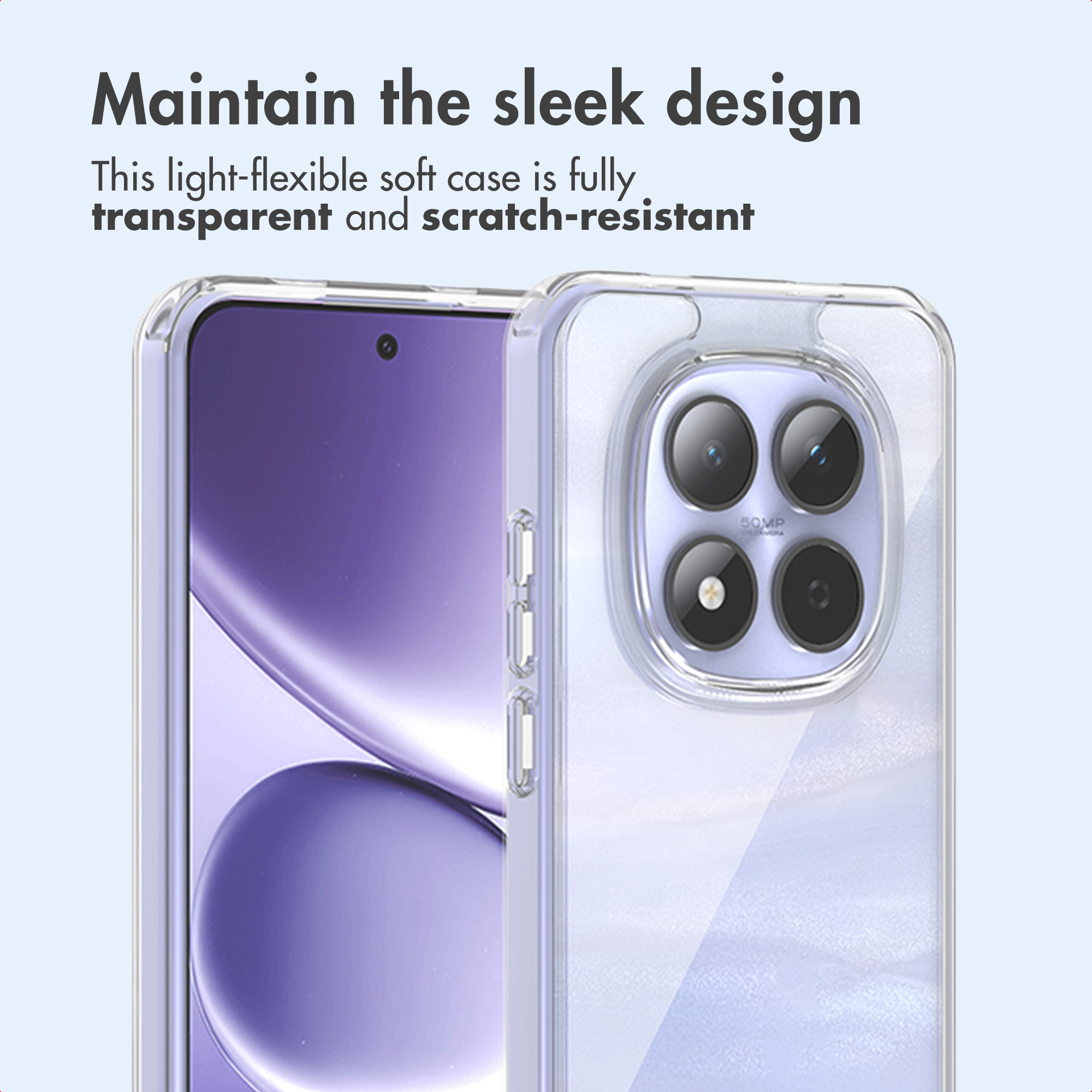 Una funda de móvil flexible y transparente sobre un smartphone morado.