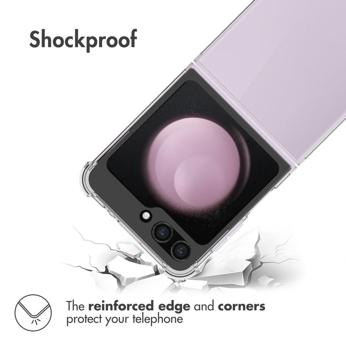 Un smartphone pliable dans une coque transparente antichoc sur un sol fissuré, avec du texte sur les coins renforcés.