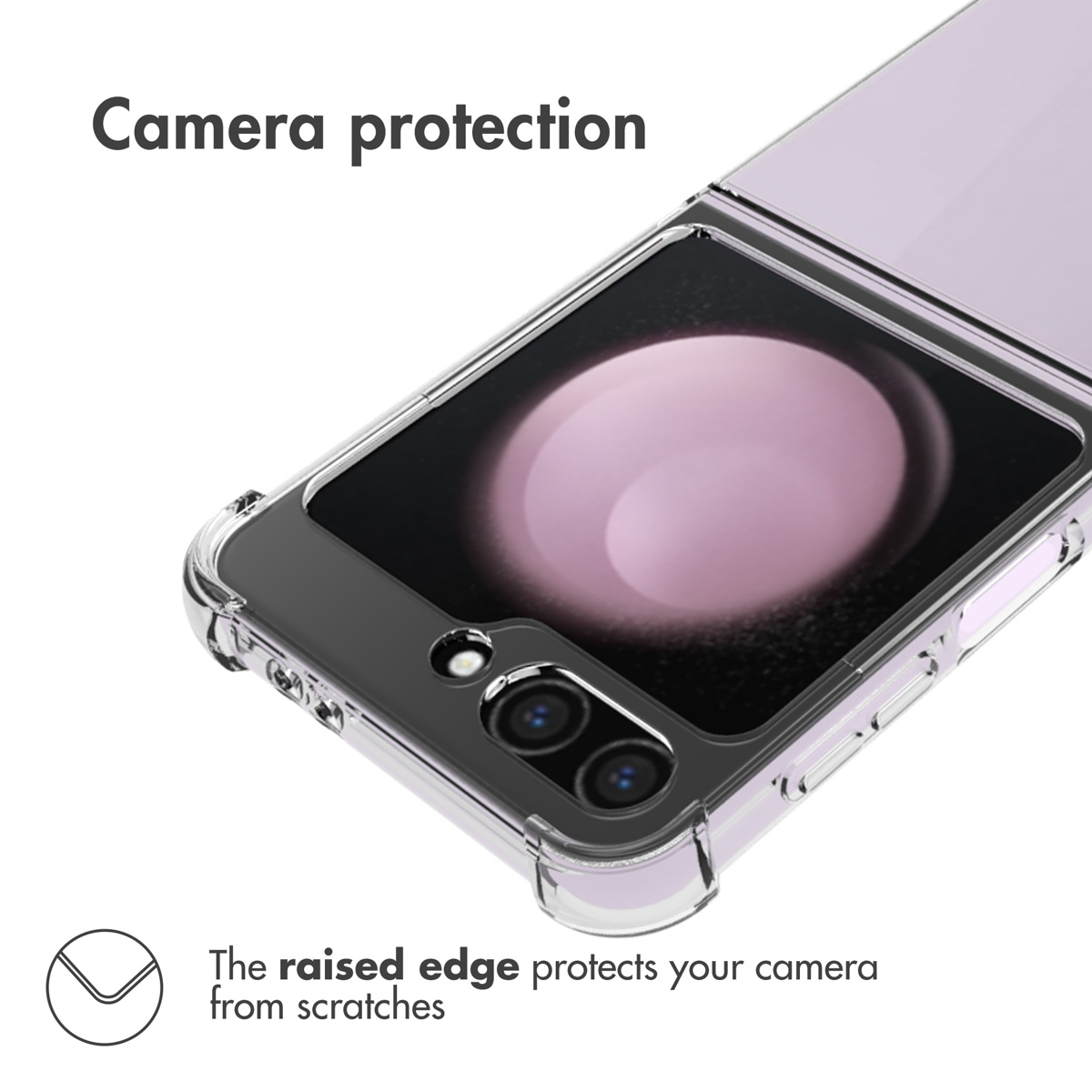 Un smartphone pliable dans une coque transparente protégeant la caméra.