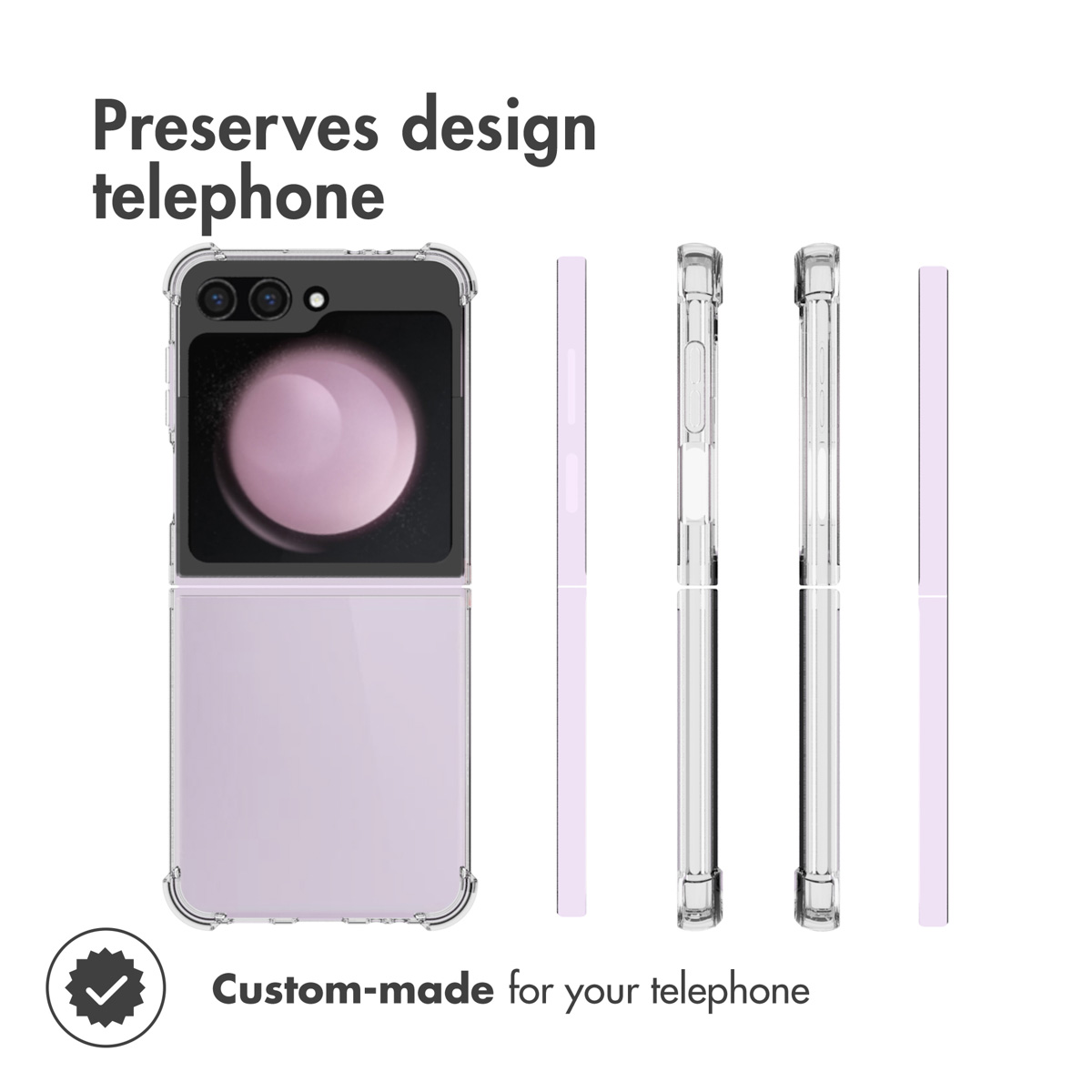 Coque de protection transparente pour smartphone pliable sous différents angles.