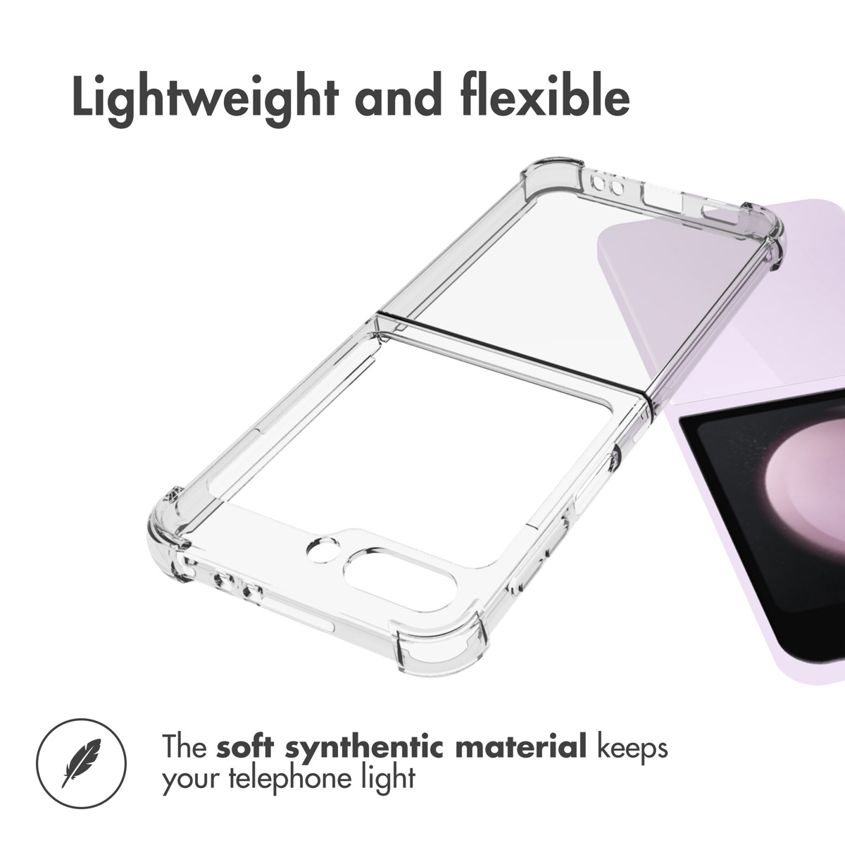 Une coque de protection transparente et flexible à côté d'un téléphone violet.