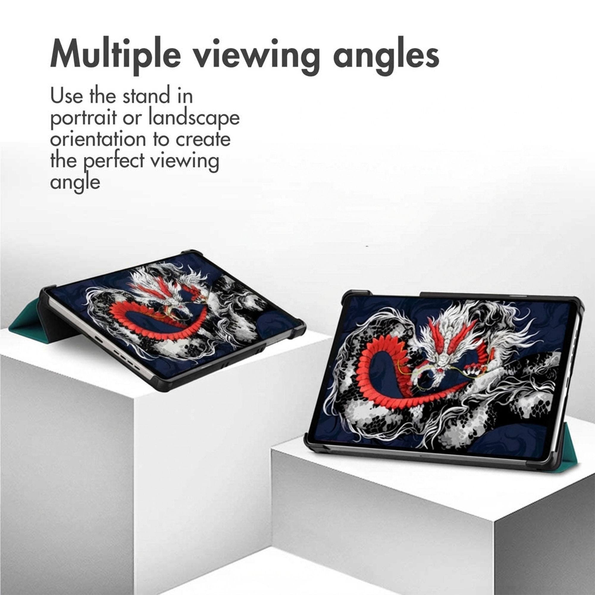 Deux tablettes sur des socles blancs affichent un dragon, avec du texte sur les angles de vision.