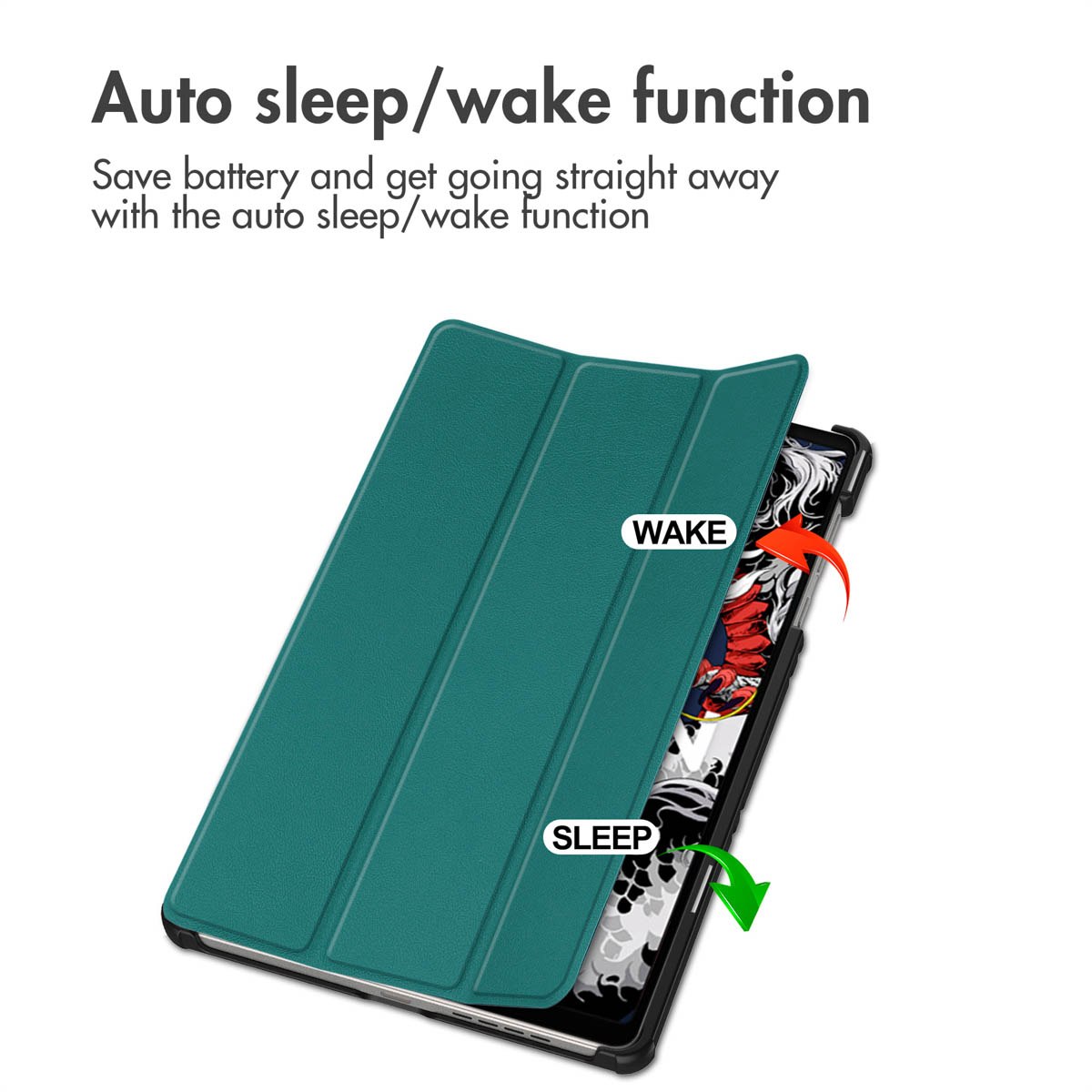 Une coque de tablette sarcelle illustrant les fonctions veille et réveil avec des flèches.