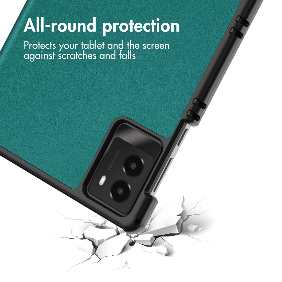 Coque de téléphone turquoise avec cadre noir sur fond blanc craquelé, avec texte blanc.