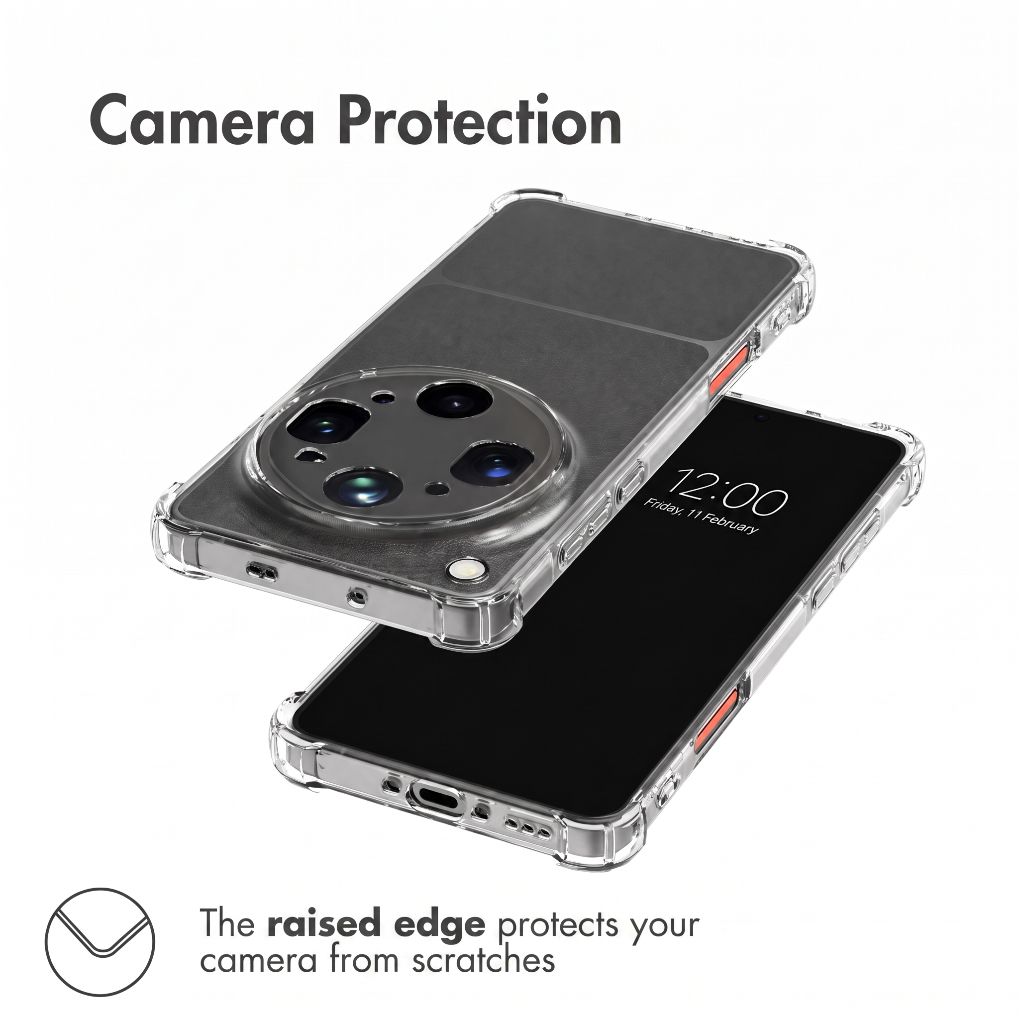 Un teléfono inteligente en una funda protectora transparente muestra la cámara redonda grande en la parte trasera y la pantalla al frente.