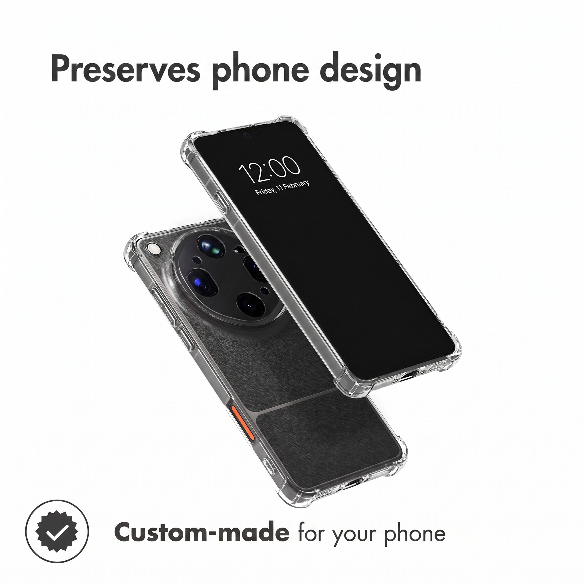 Un teléfono inteligente en funda transparente, mostrando la pantalla frontal y la cámara trasera.