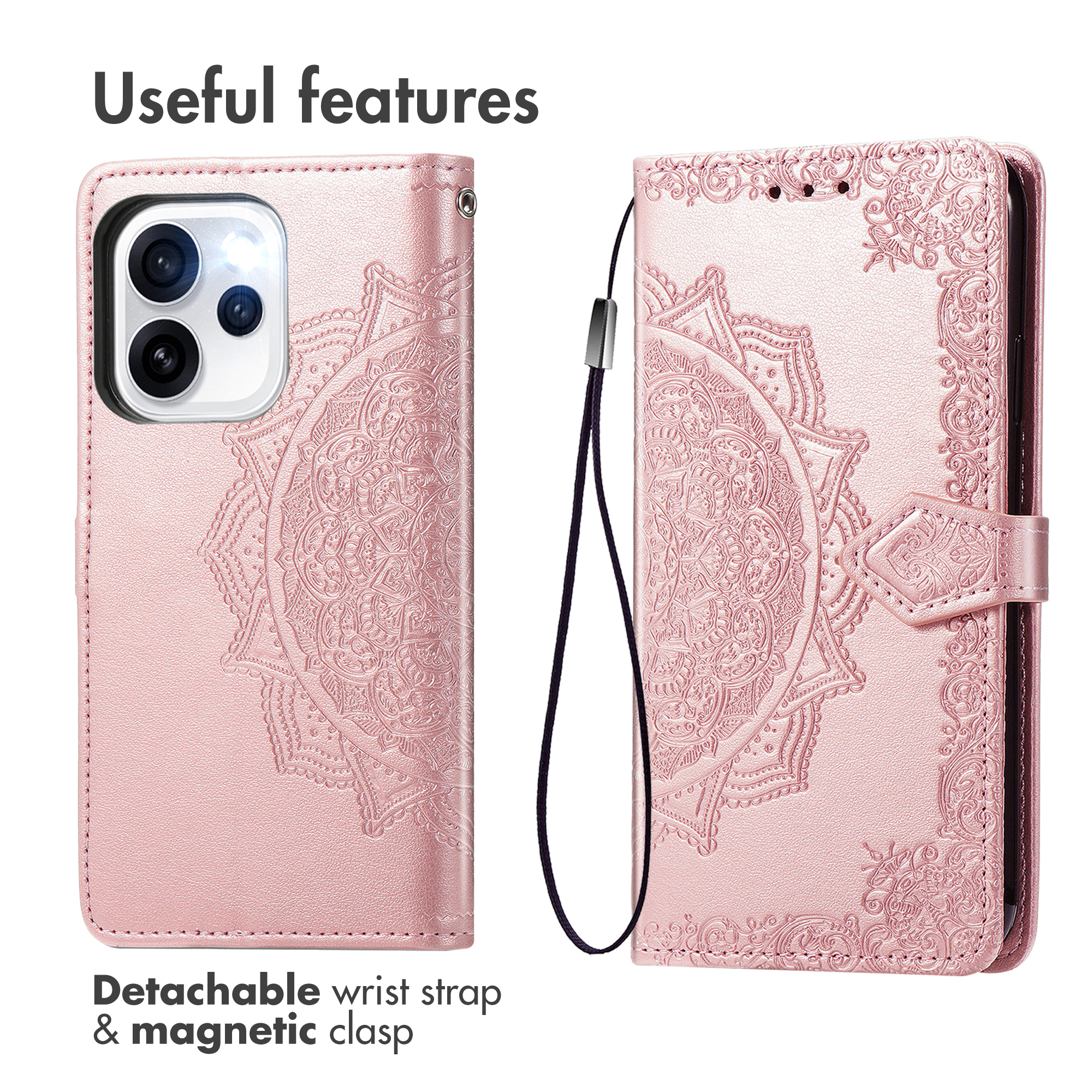 Custodia in pelle rosa goffrata con mandala, laccetto da polso e chiusura magnetica.