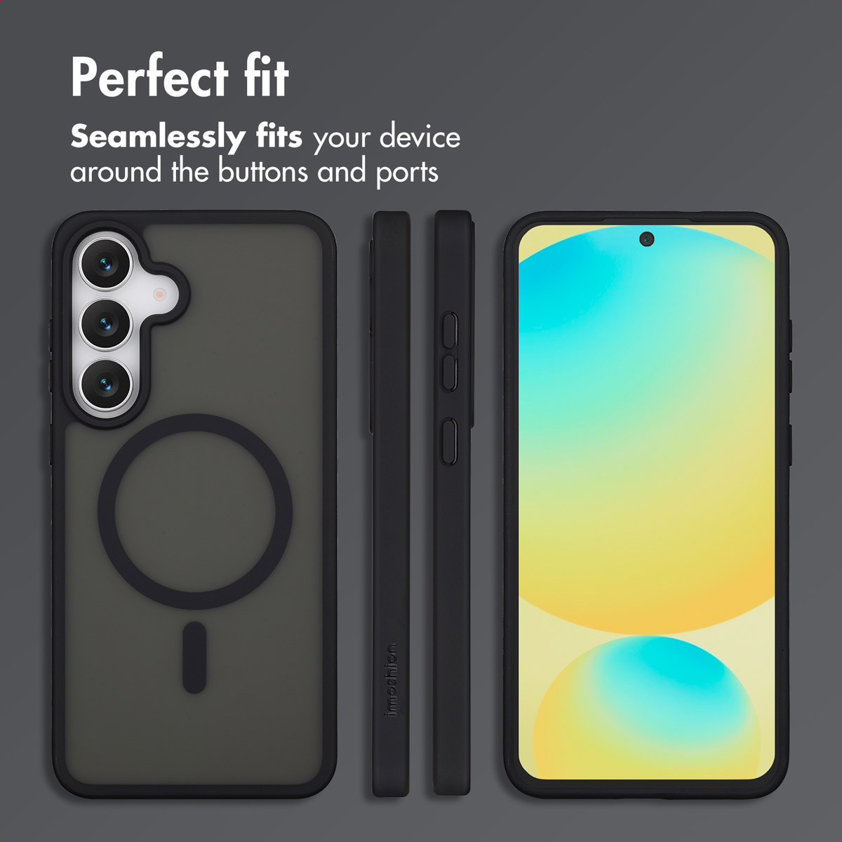 Een zwarte smartphonehoes getoond vanuit meerdere hoeken tegen een grijze achtergrond met tekst over de perfecte pasvorm.
