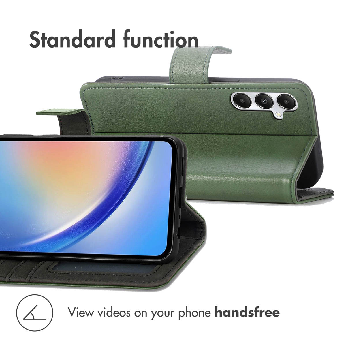 Grüne Leder-Handytasche mit Standfunktion für freihändiges Videogucken.