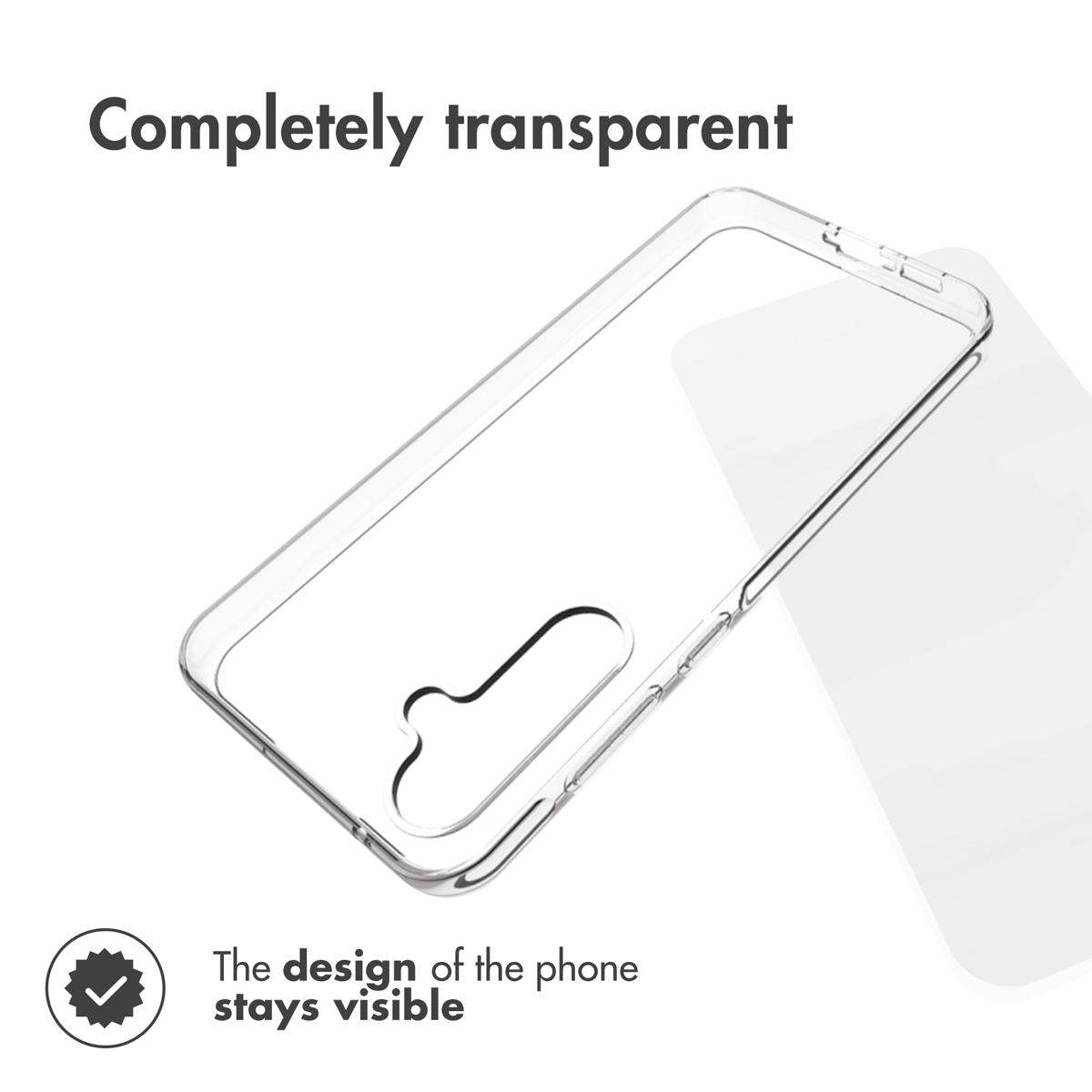 Une coque de téléphone transparente garde le design visible sur fond blanc.