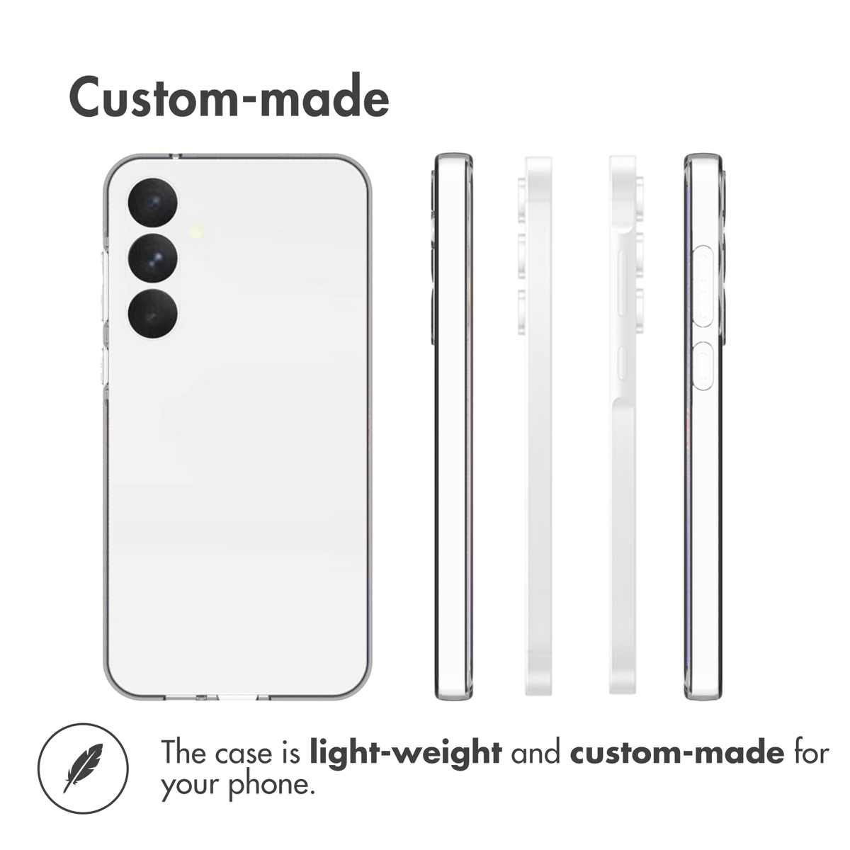 Un graphique montre quatre vues d'une coque de téléphone légère et sur mesure sur fond blanc.