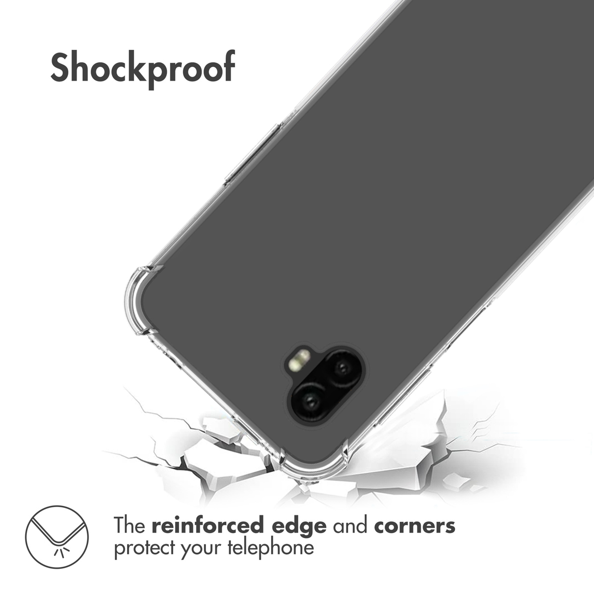 Une coque de protection transparente sur un téléphone noir avec des coins renforcés sur une surface brisée.