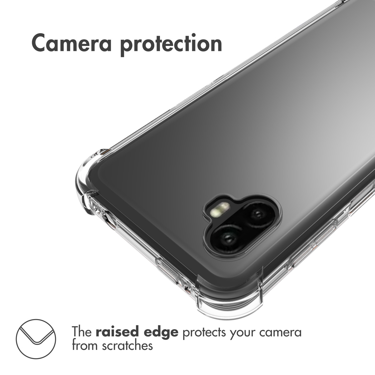 Coque de téléphone transparente avec bord surélevé pour protéger l'appareil photo sur fond blanc.