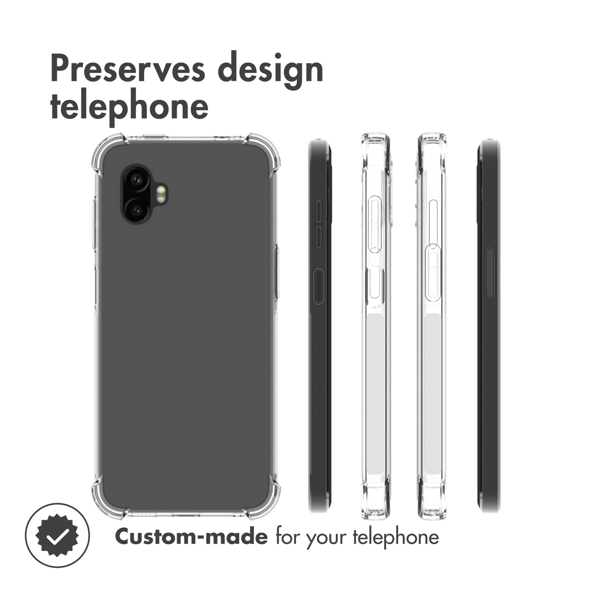 Coque de téléphone transparente sous plusieurs angles sur fond blanc.