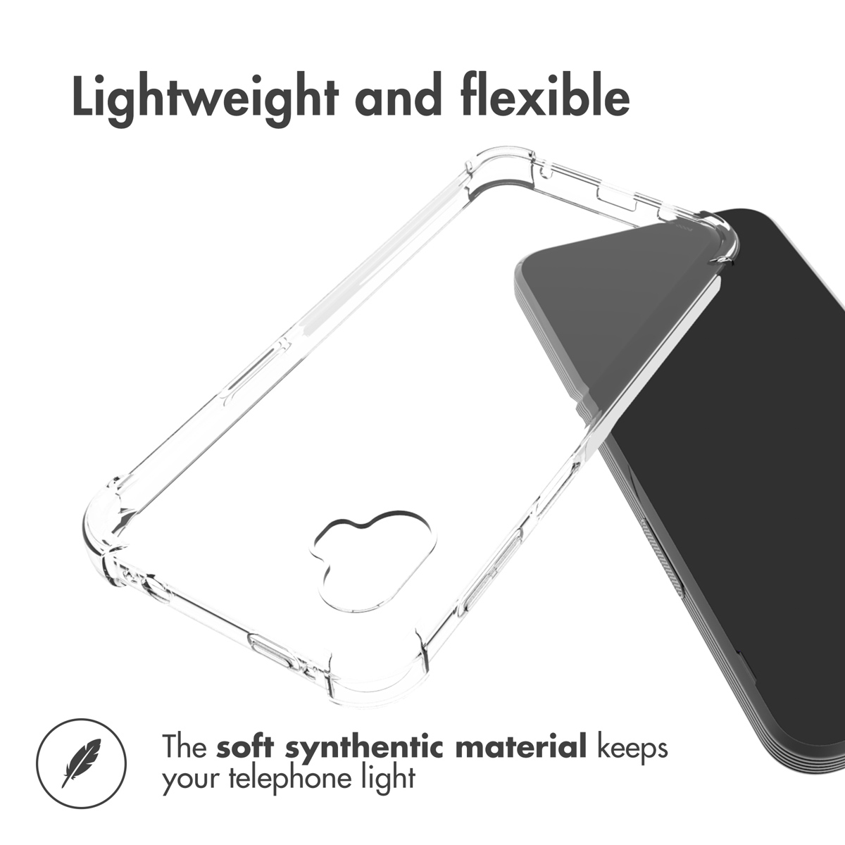 Une coque de téléphone transparente et flexible près d'un smartphone sur fond blanc avec du texte.