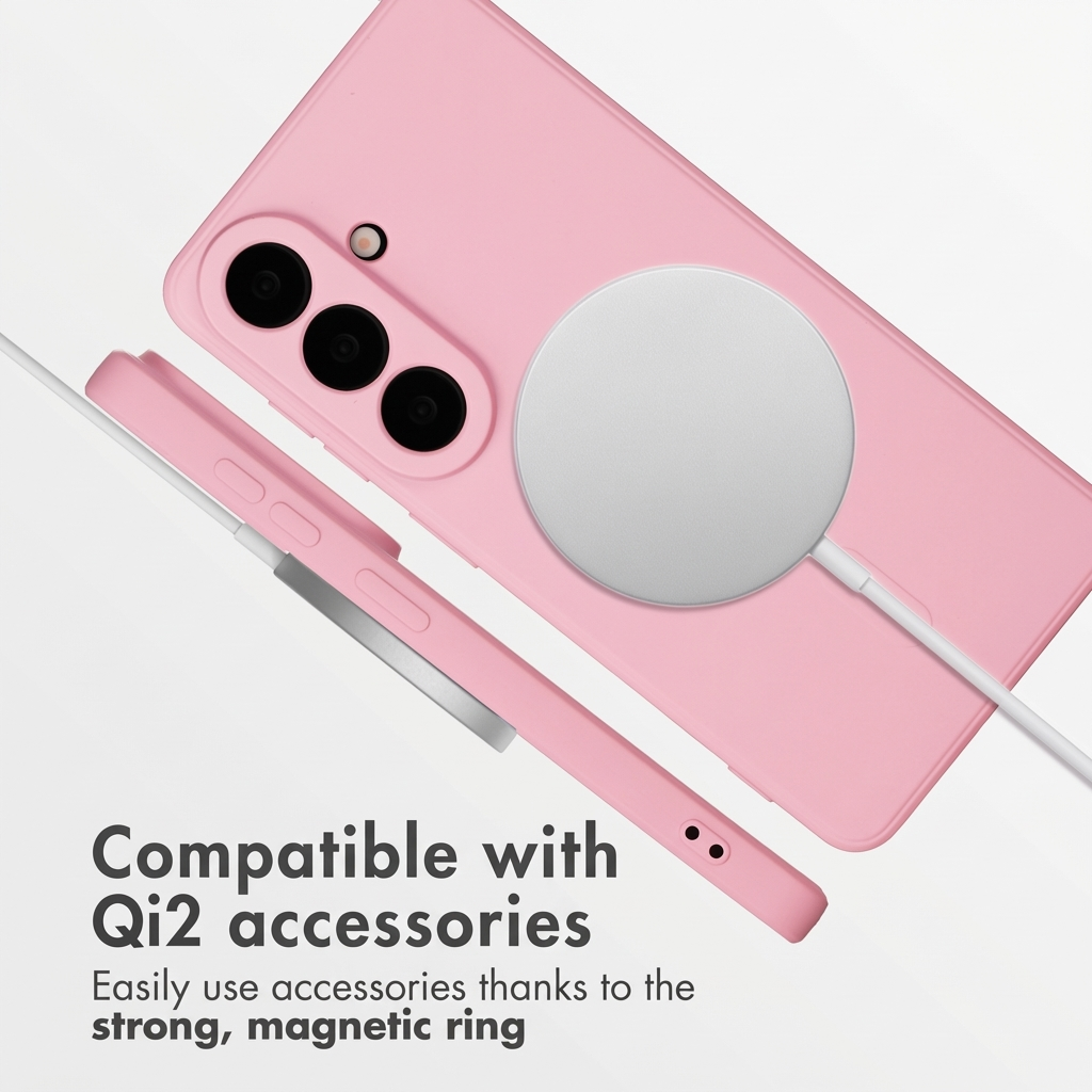 Custodia per smartphone rosa con anello di ricarica magnetico e testo Compatibile con accessori Qi2.