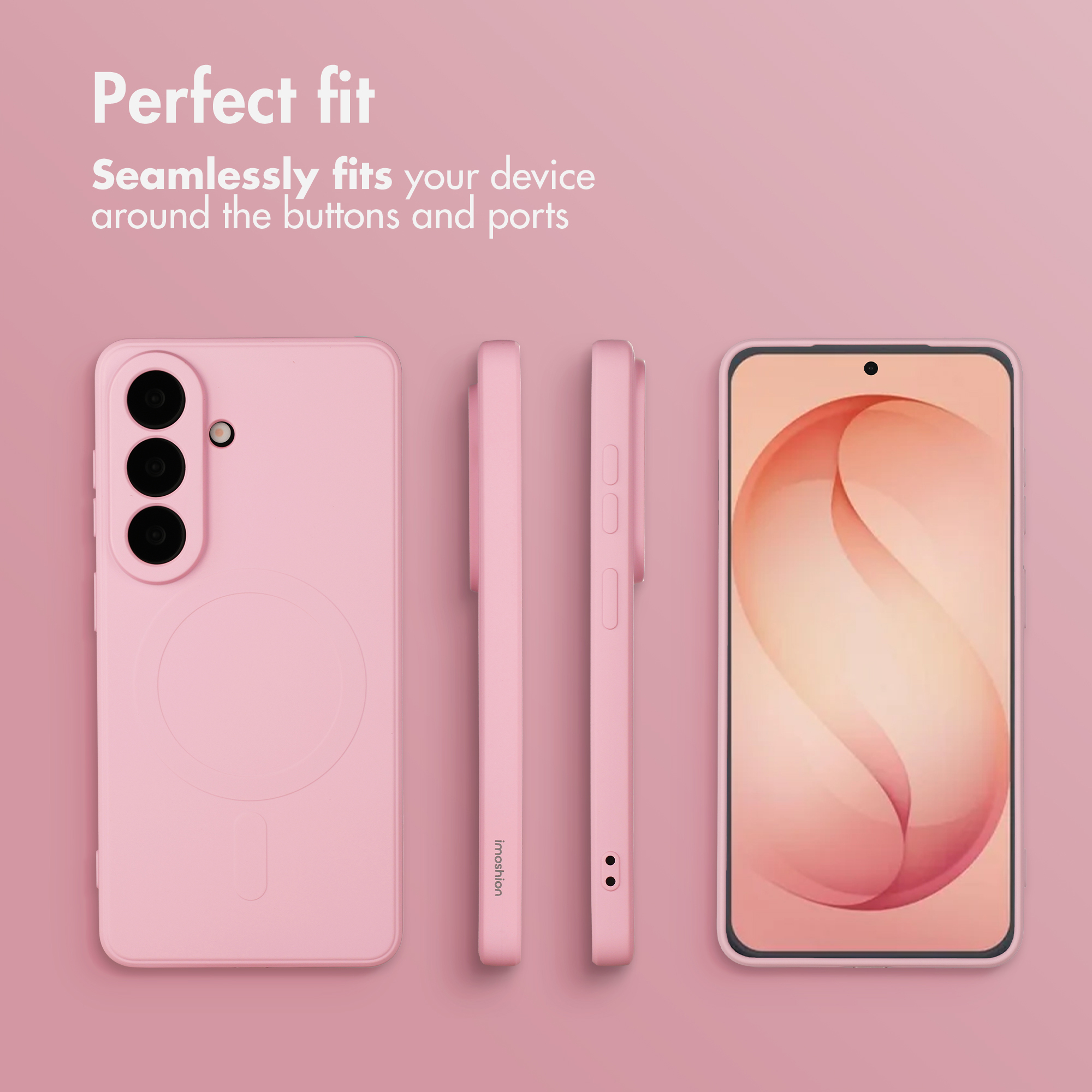 Smartphone rosa in custodia mostrato da varie angolazioni su sfondo rosa con testo.