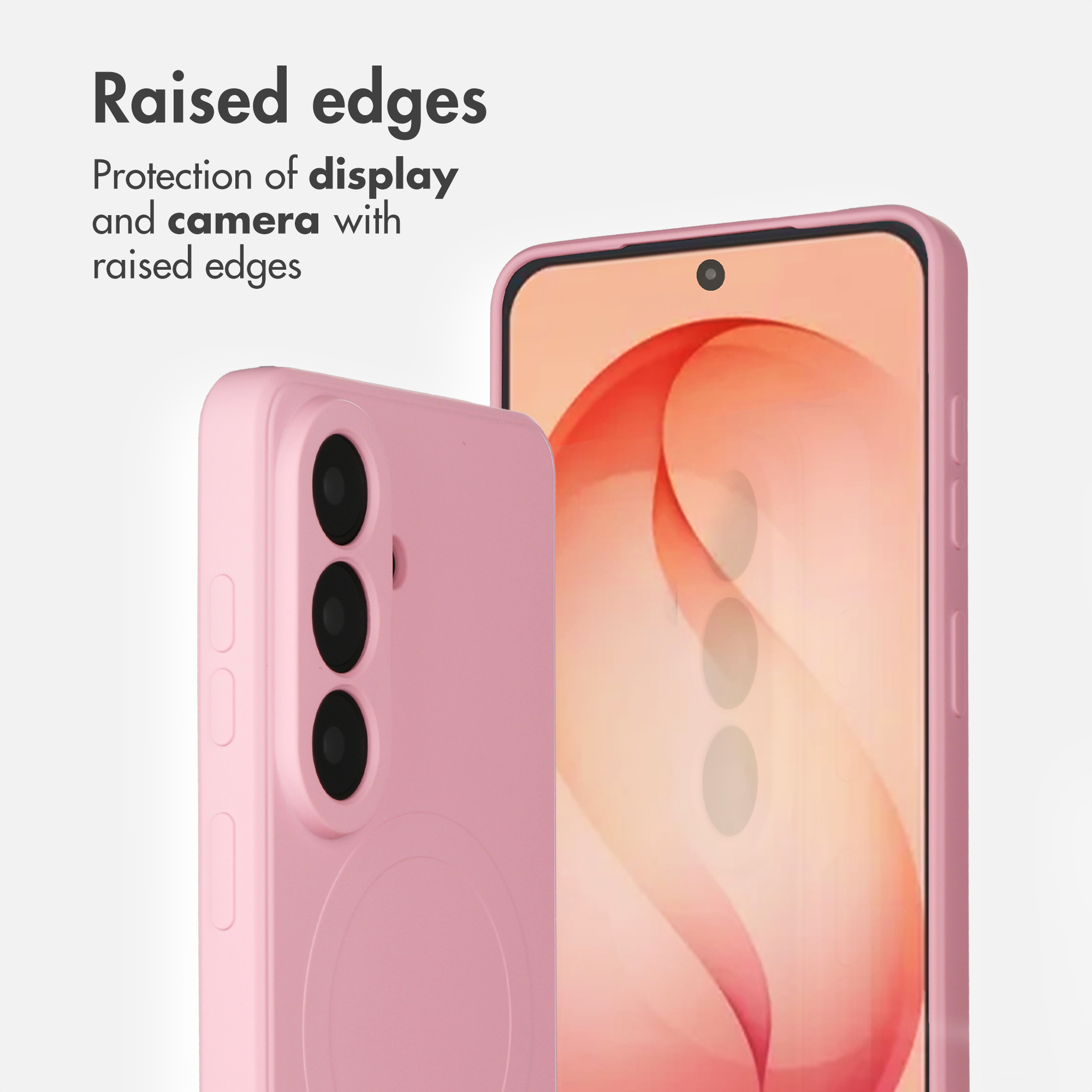 Due smartphone rosa in custodie protettive con la scritta Raised edges.