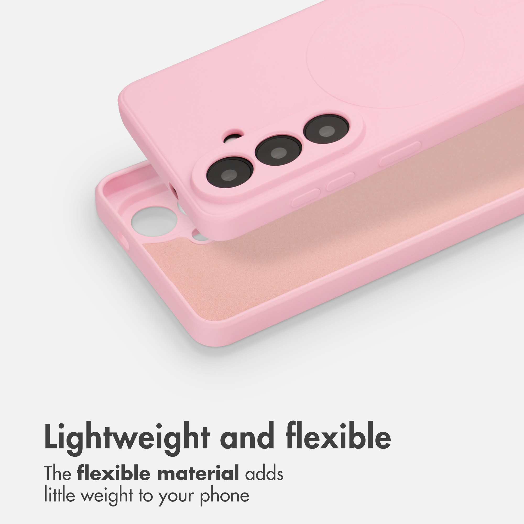 Due cover per telefono rosa in silicone su sfondo grigio chiaro con testo.