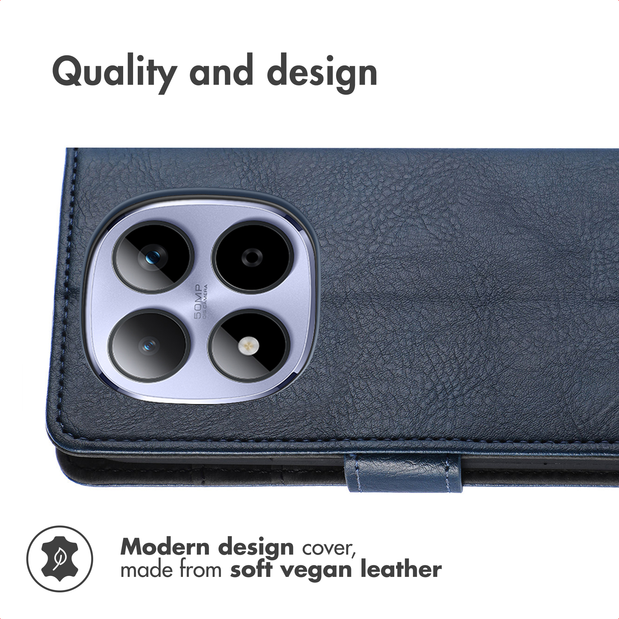 Blue vegan leather phone case with square quad-camera module and Quality and design text.
