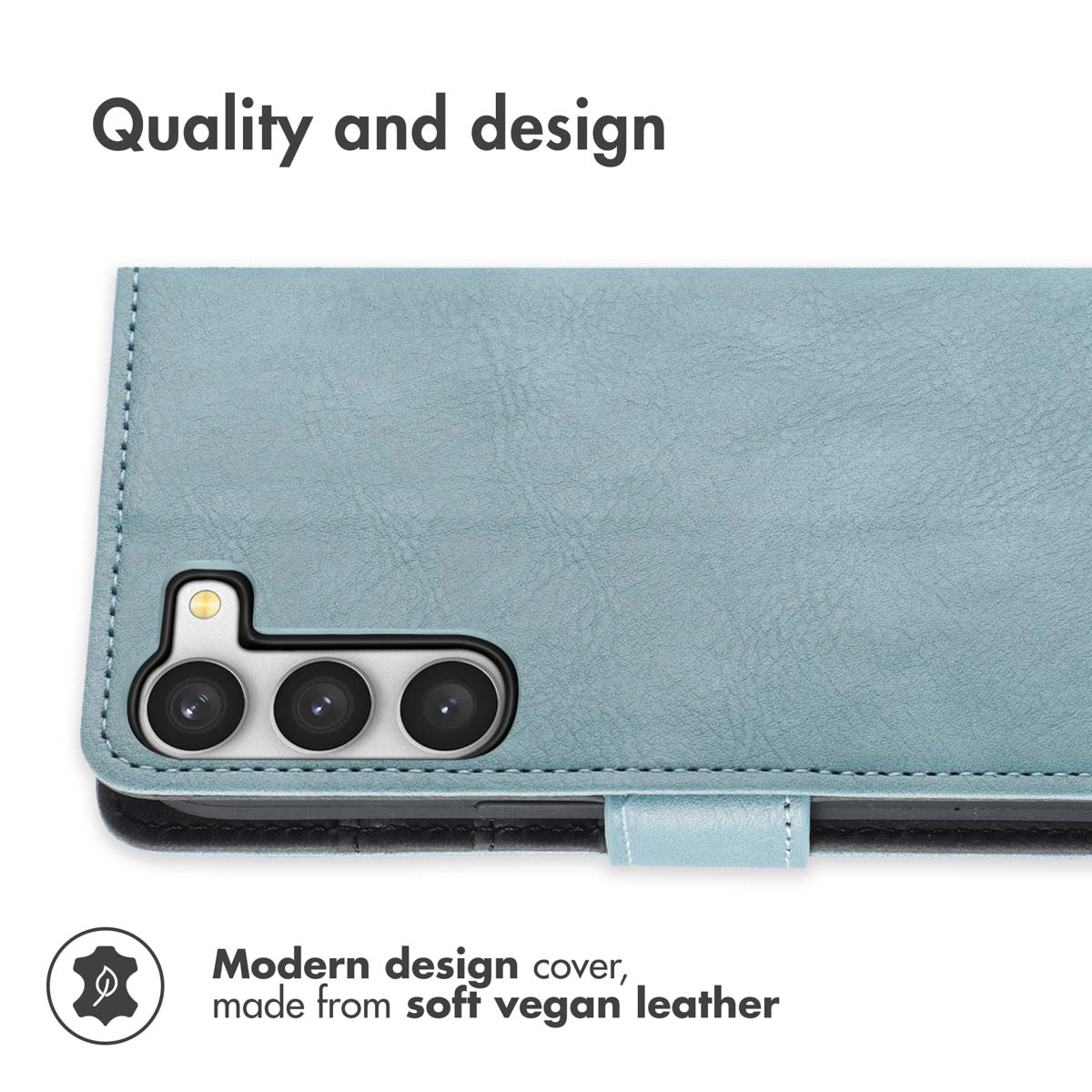 Coque de téléphone en cuir végétalien bleu avec découpe pour appareil photo et texte sur la qualité.