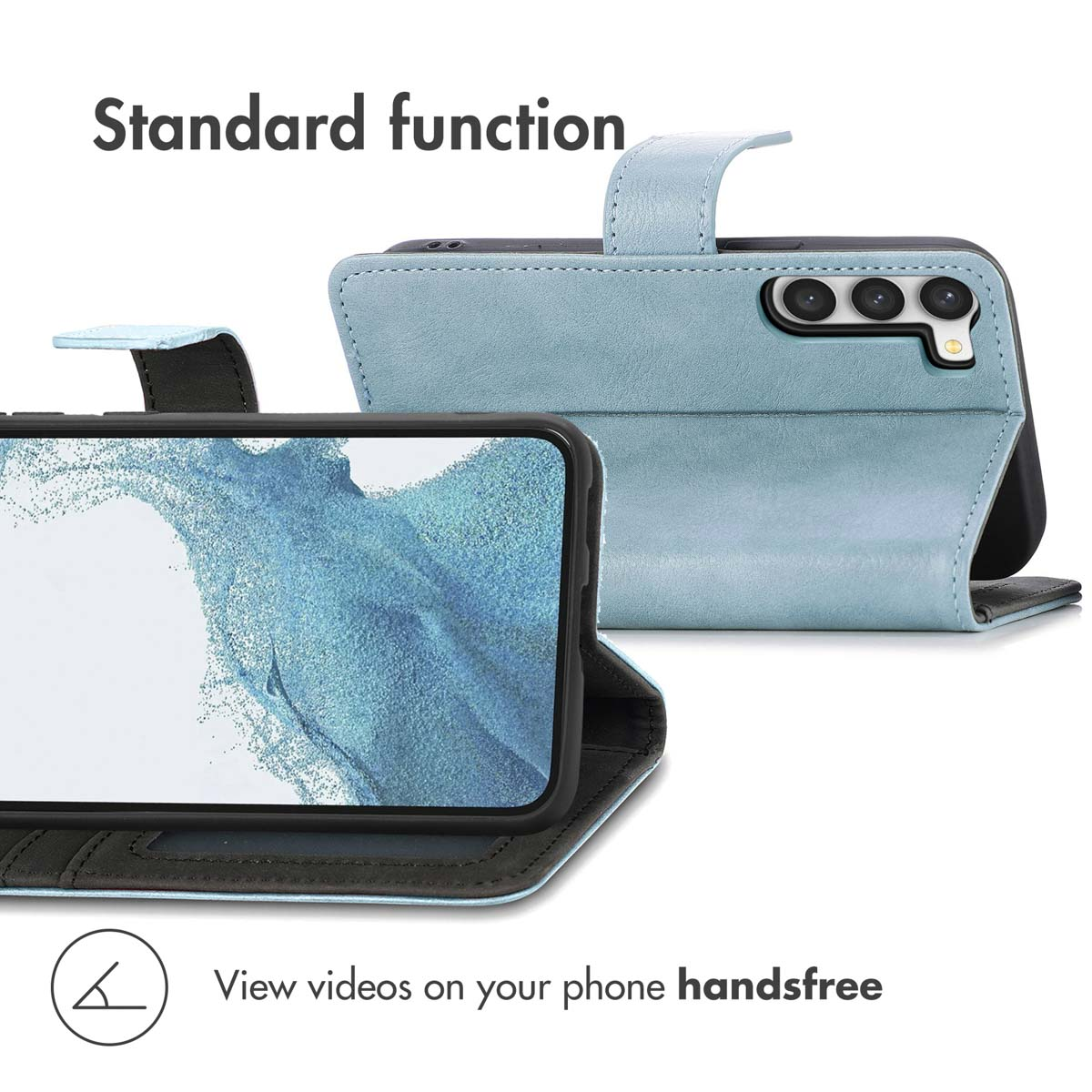 Un étui de téléphone en cuir bleu clair contenant un smartphone, vu de face et de dos sur un fond blanc.