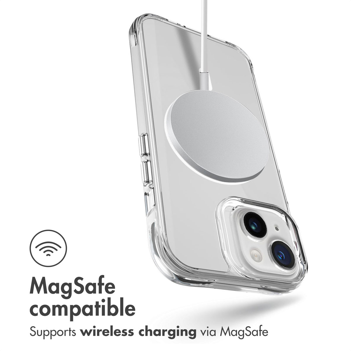 Una custodia trasparente per smartphone con un caricatore MagSafe rotondo sul retro.