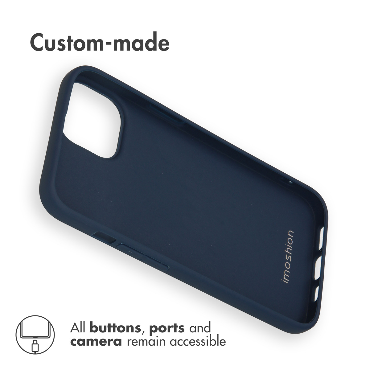 Una funda de teléfono azul oscuro hecha a medida con recortes para cámara y puertos.