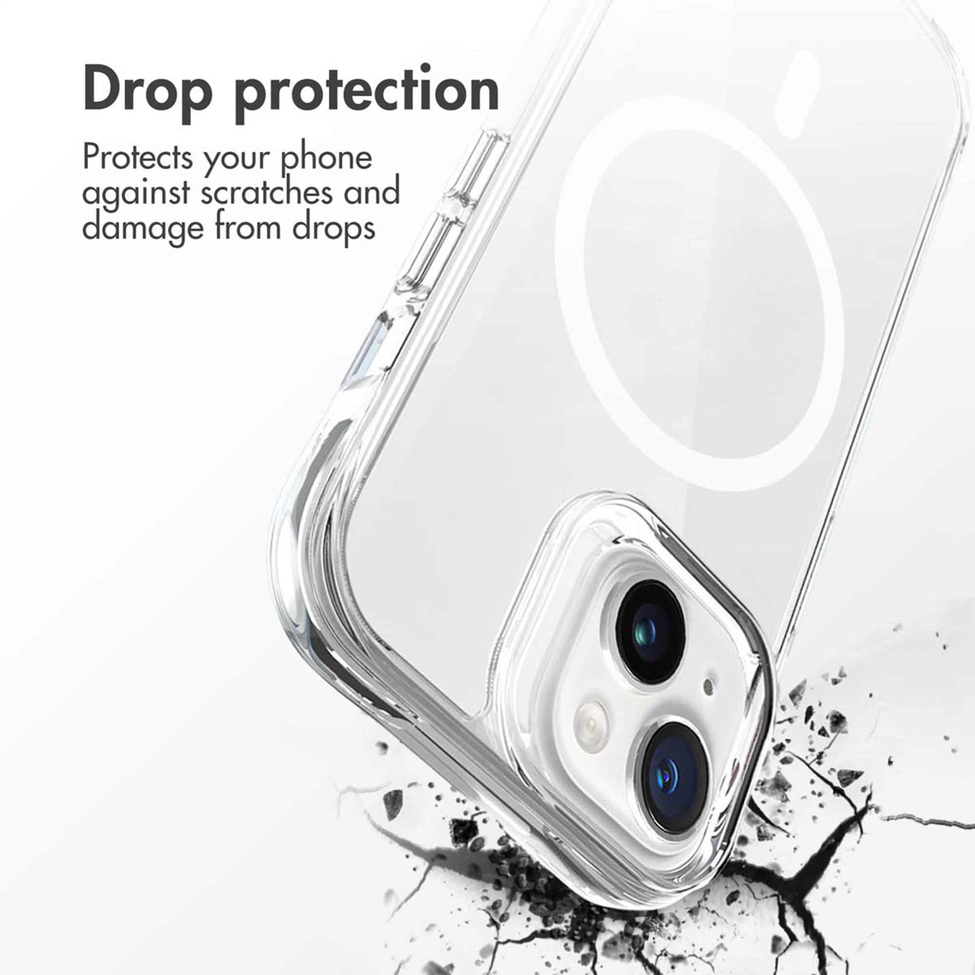 Custodia protettiva trasparente per telefono con doppia fotocamera e testo di protezione.