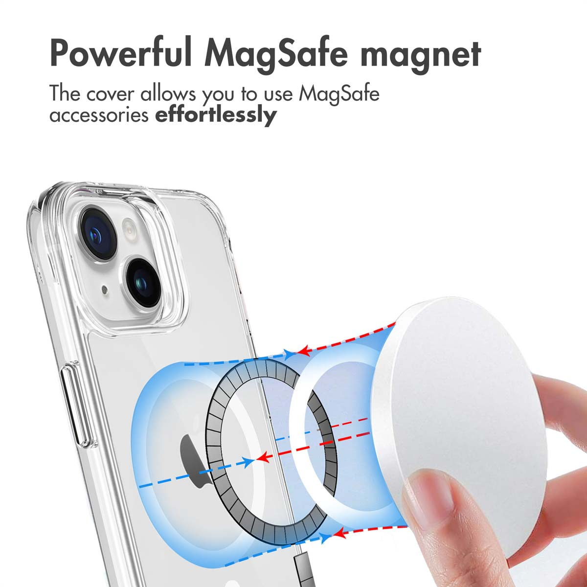 Custodia trasparente per telefono con anello MagSafe integrato e caricabatterie.