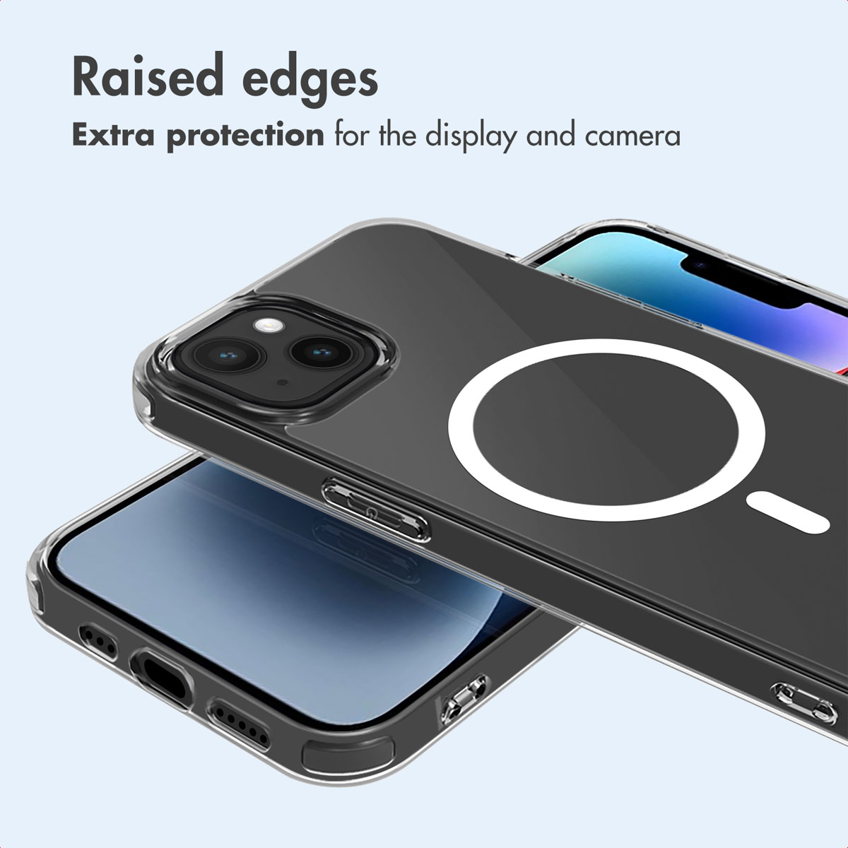 Funda transparente para móvil con anillo MagSafe que protege la pantalla y la cámara.
