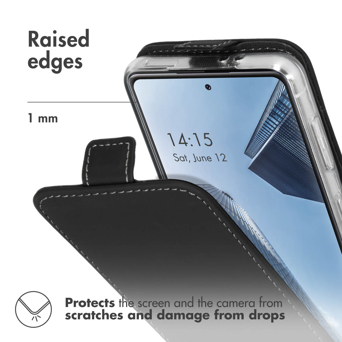 Étui de téléphone avec des bords surélevés de 1 mm pour protéger l'écran et l'appareil photo contre les rayures.